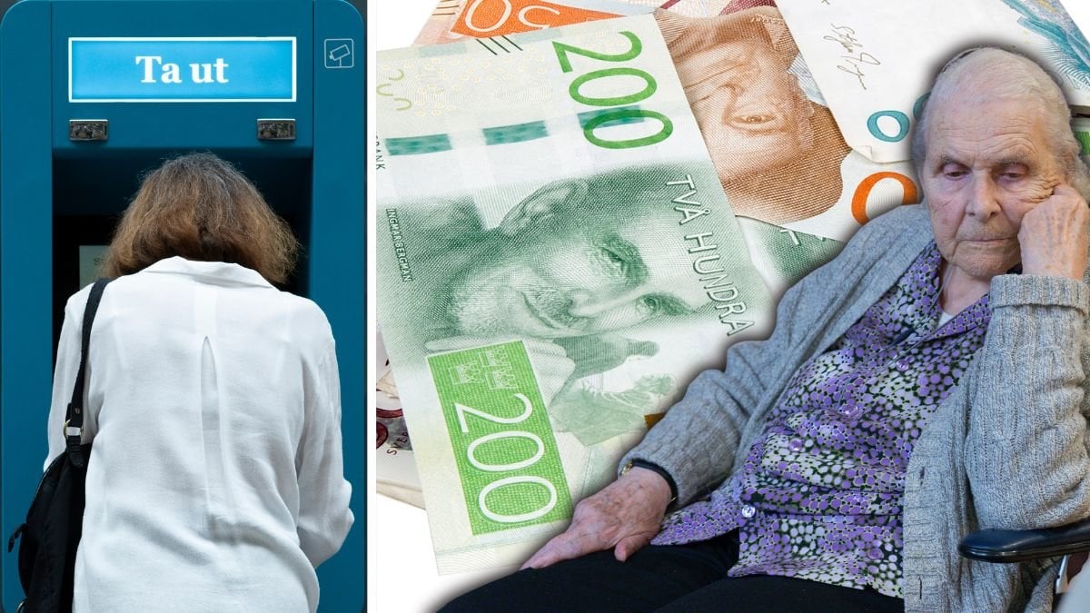 Kvinna vid bankomat, pengar och kvinna i en stol.