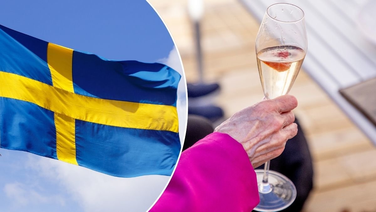 Bilder på Sverige-flaggan och en äldre kvinna som håller ett champagne-glas.