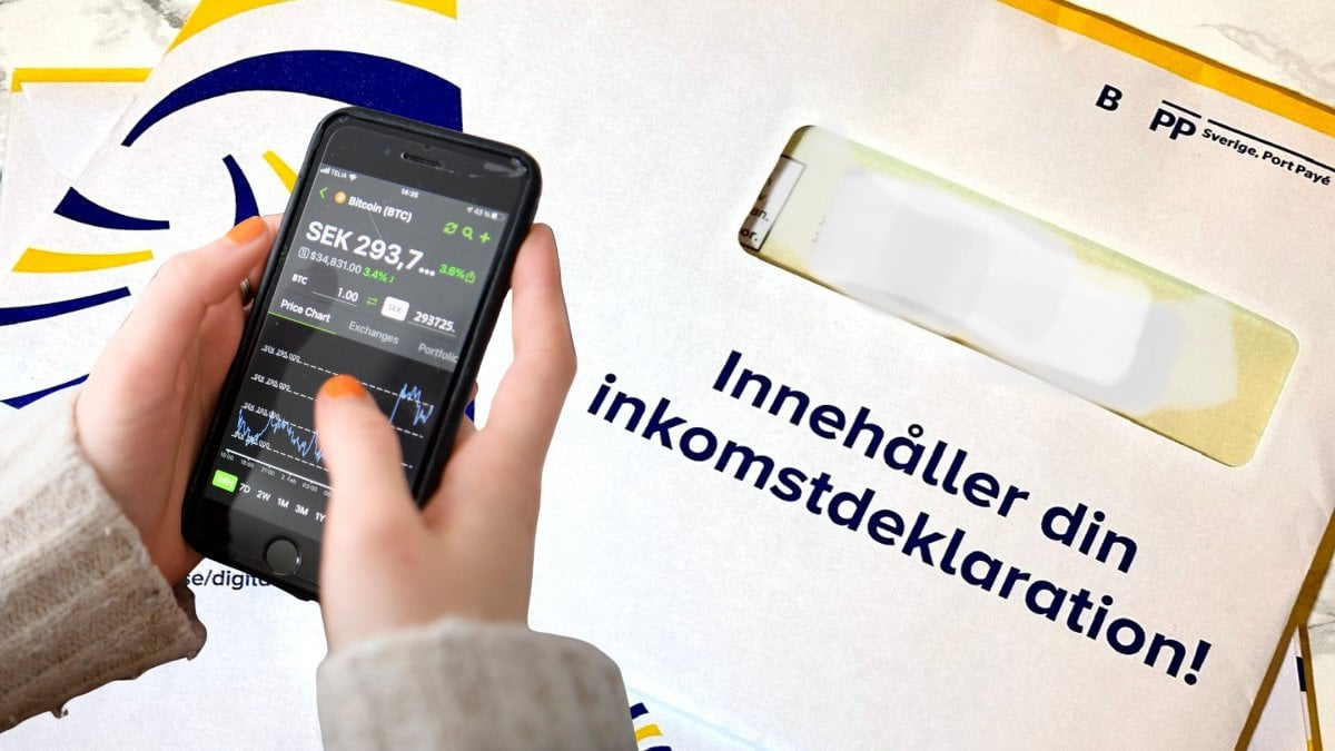 Kryptohandel i en mobil och deklarationsblankett.