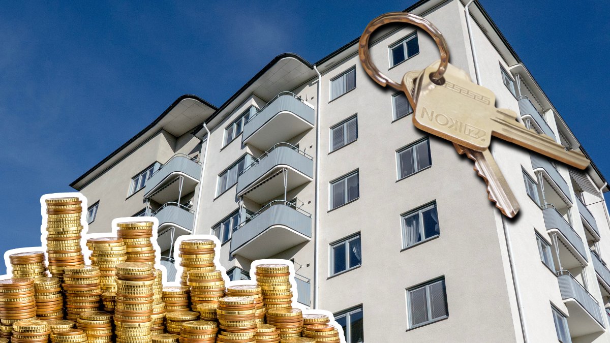 Höghus i bakgrunden. En mynthög utlippt vänster. En husnyckel utklippt höger.