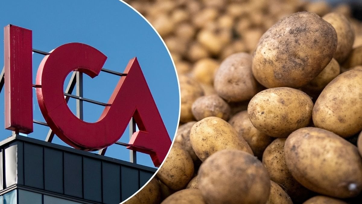 Bilder på en Ica-skylt och potatis.