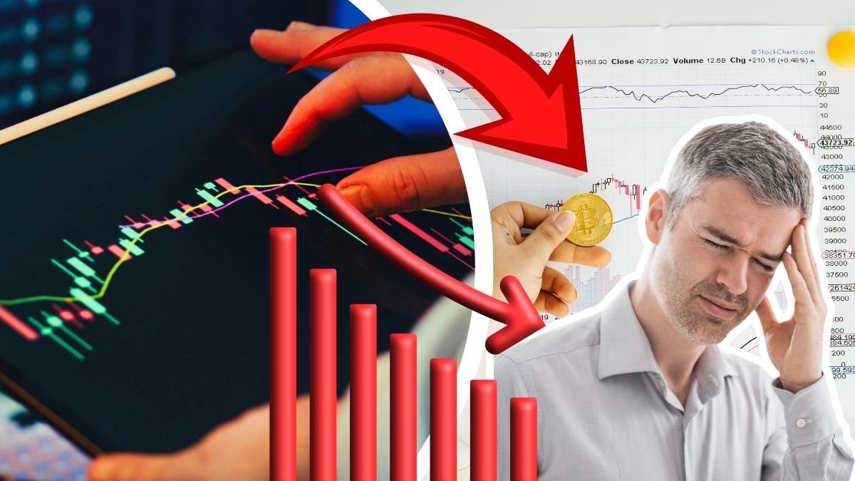 Aktierstatistik vänster och höger. Nedgående graf vänster. Stressad man höger.