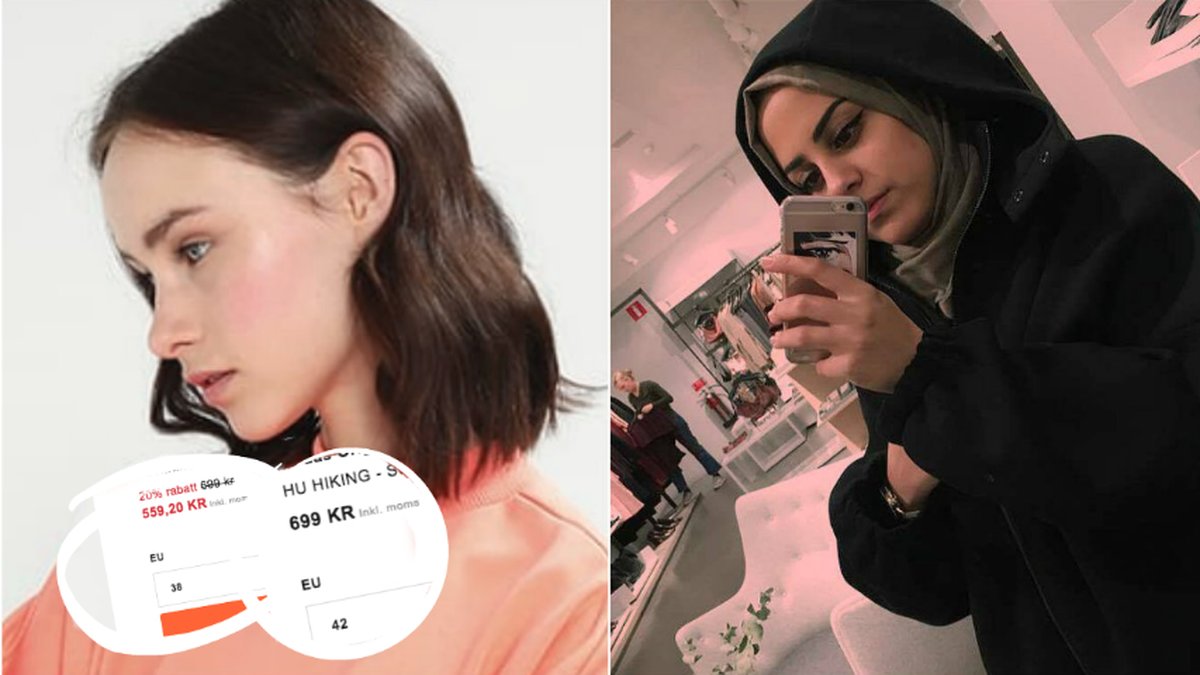 Marie bredvid bilden på tröjan som kostar olika beroende på storlek.