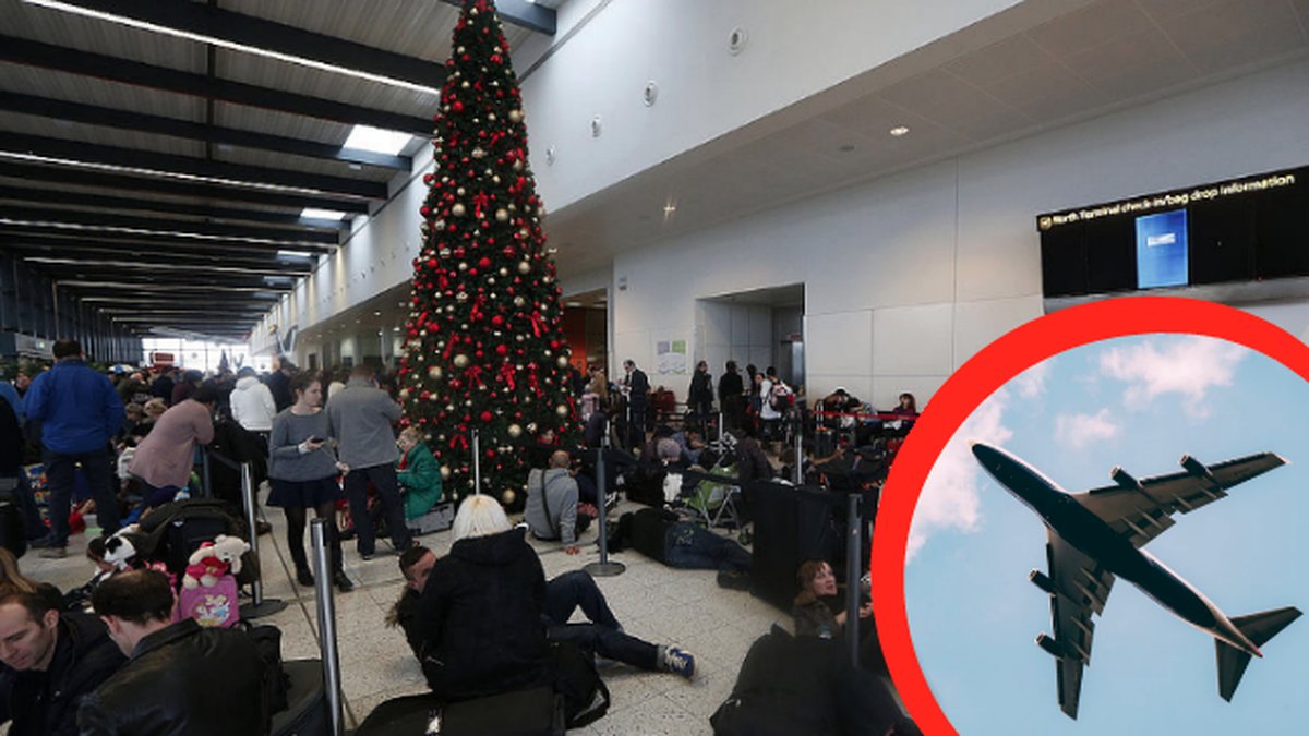 Människor övernattar i flygplats, flygplan (bilden är ett montage)