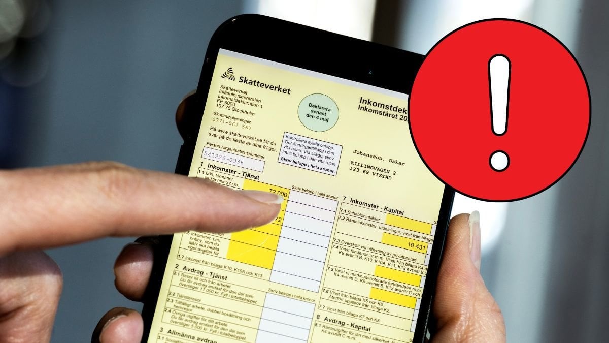 Deklaration i mobilen och ett utropstecken.