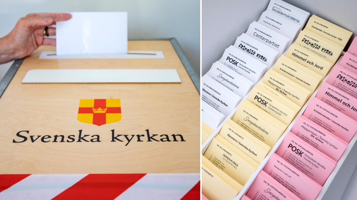 Bilder på nomineringsgrupper i kyrkovalet och en bild på en valurna.