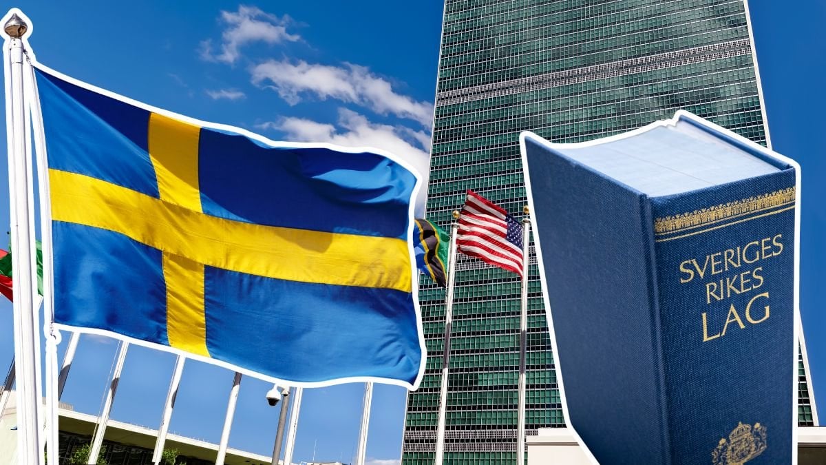 FN:s högkvarter, svenska flaggan och en svensk lagbok.