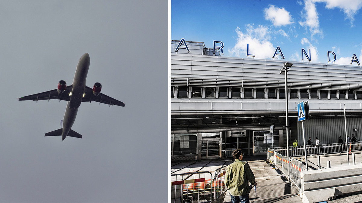 ett flygplan åker i luften, en flygplats med människor