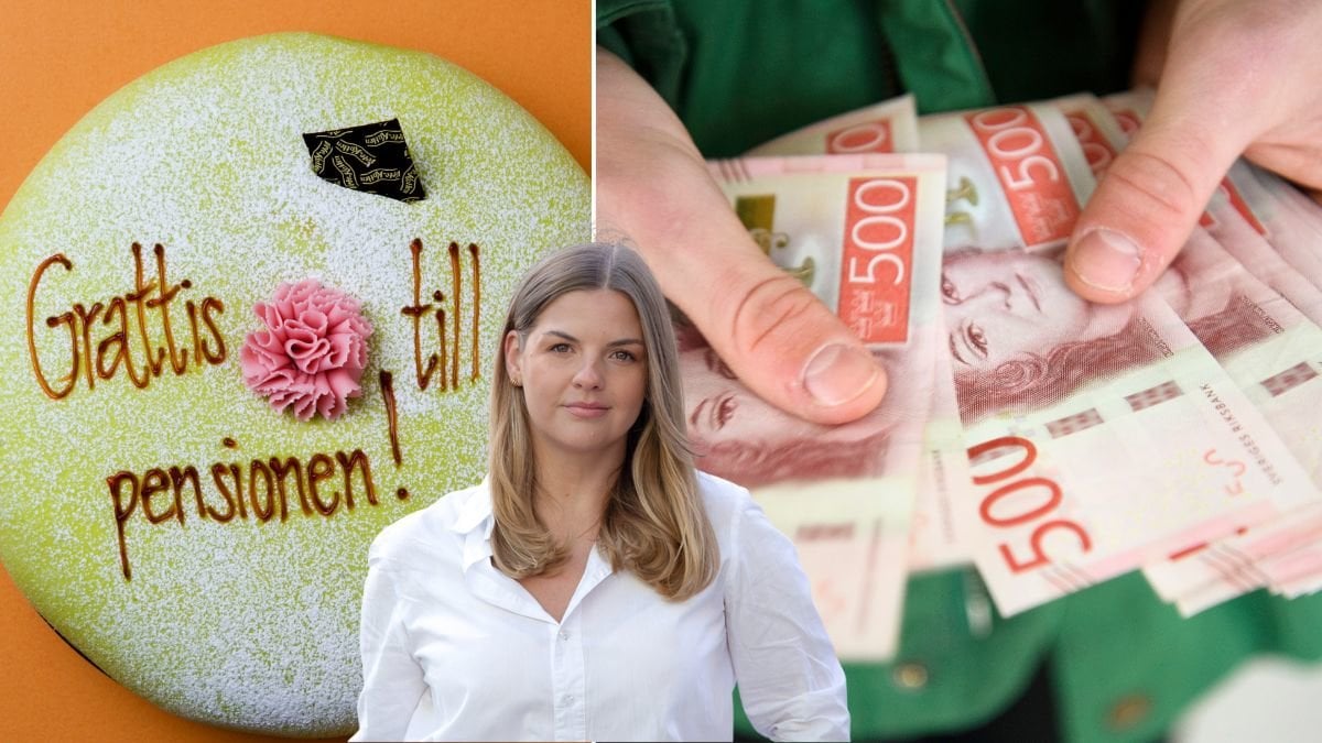 Grattis till pensionen-tårta, pengar och privatekonomen Felicia Schön.