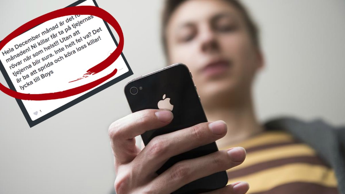 En kille i gulrandig tröja kollar på sin iphone.