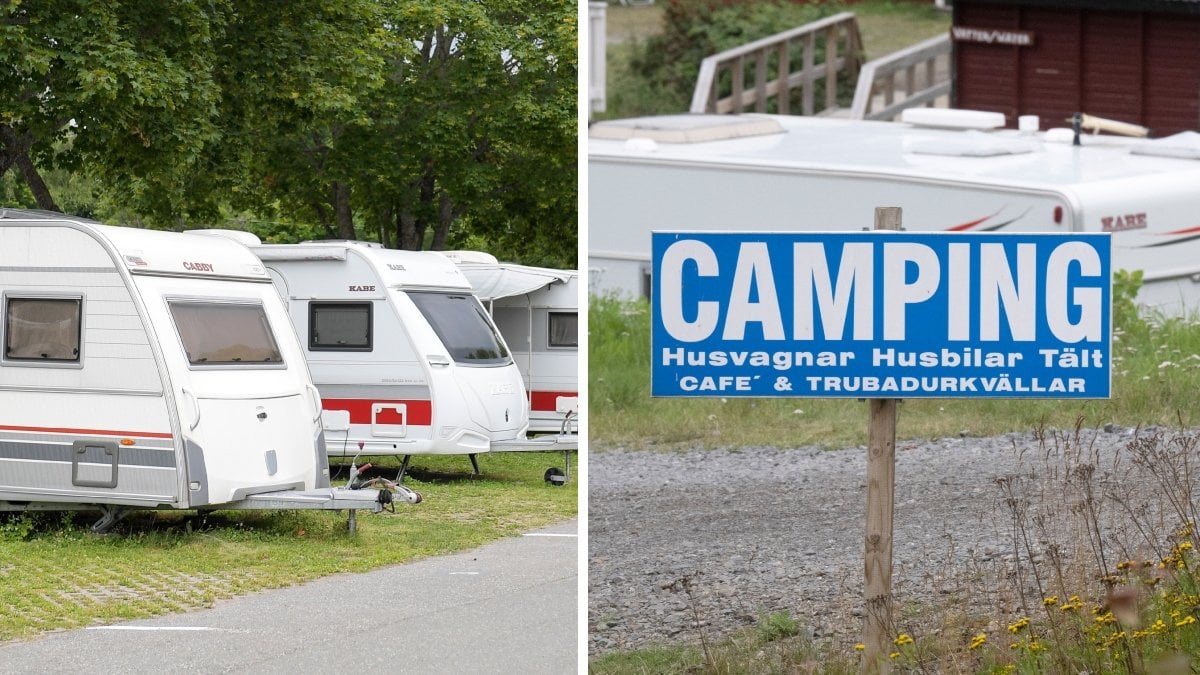 Husbilar vid campingplats och skylt med ordet camping. 
