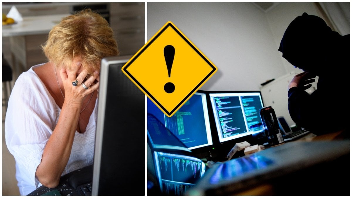 Kvinna framför dator och en hackare