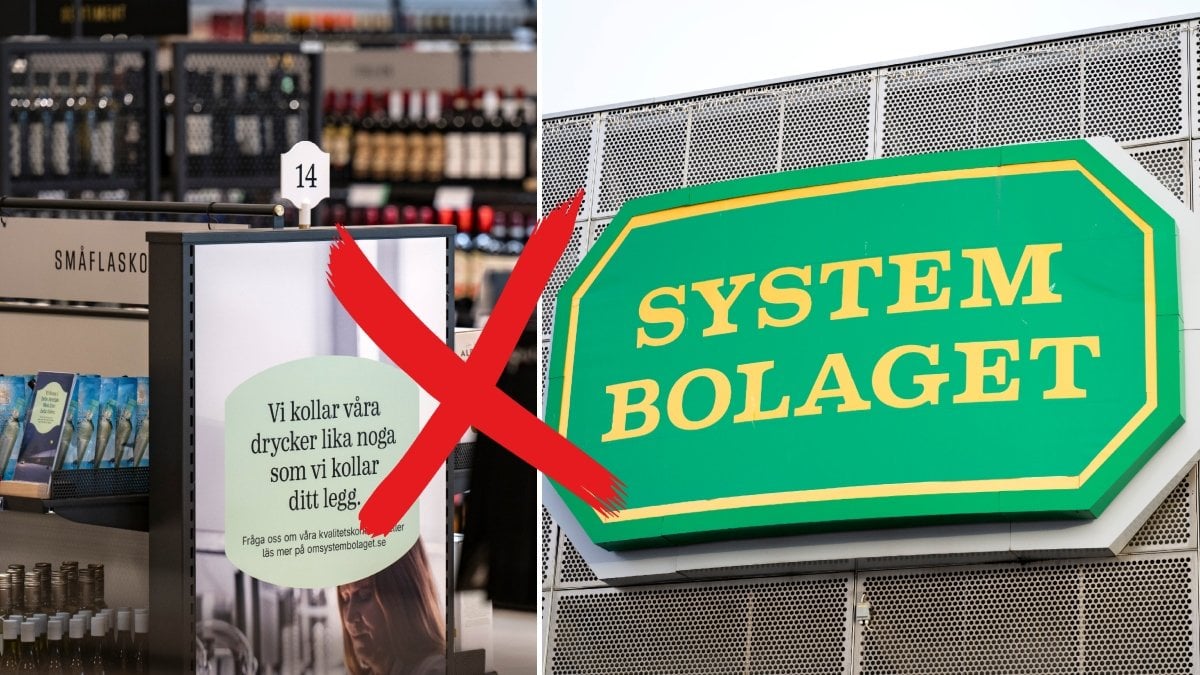 Inuti en av Systembolagets butiker och Systembolagets logga.