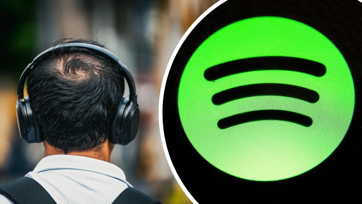 En man bakifrån som lyssnar på musik i sina hörlurar. vänster. Spotify-app-ikon höger.