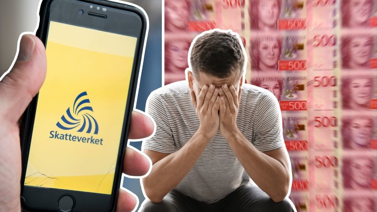 Skatteverkets app, pengar och en man med händerna i ansiktet.