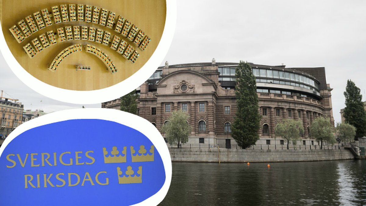 Sveriges riksdag. två vita ringar kring riksdag.