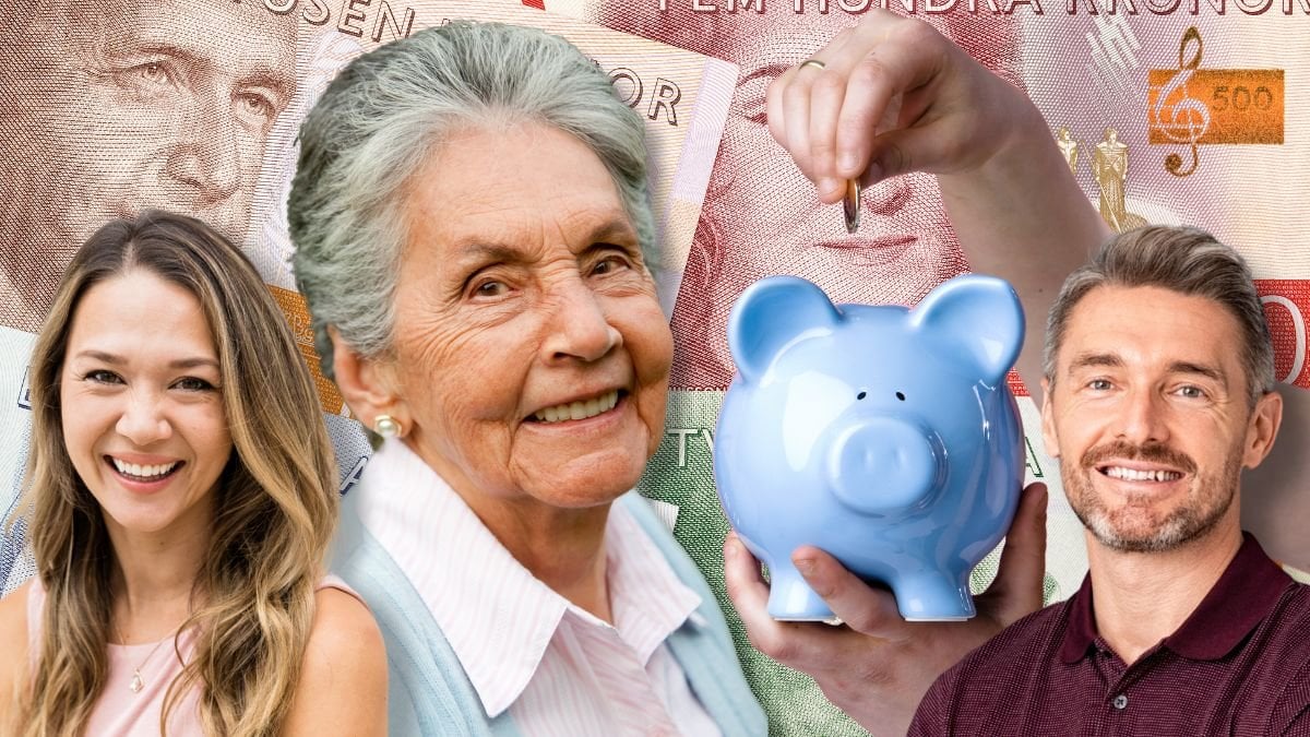 Ung kvinna, äldre dam och medelålders man och en spargris