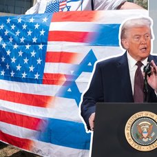 USA och Israels flagga, Donald Trump och en bild efter attackerna mot Iran.