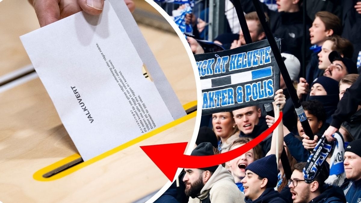 Valsedel som läggs i en låda vänster. IFK Göteborg supportrar på läktare höger.