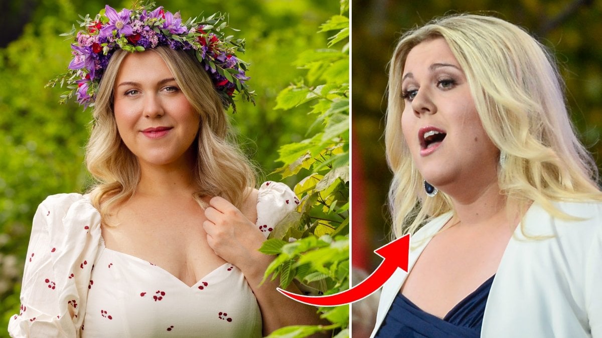 Operasångaren Christina Nilsson iförd blomkrans och på scen under Allsång på Skansen 2015. 