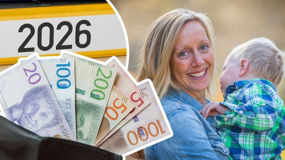 Svenska sedlar i plånbok, mamma med ett barn och 2026 på en pärm
