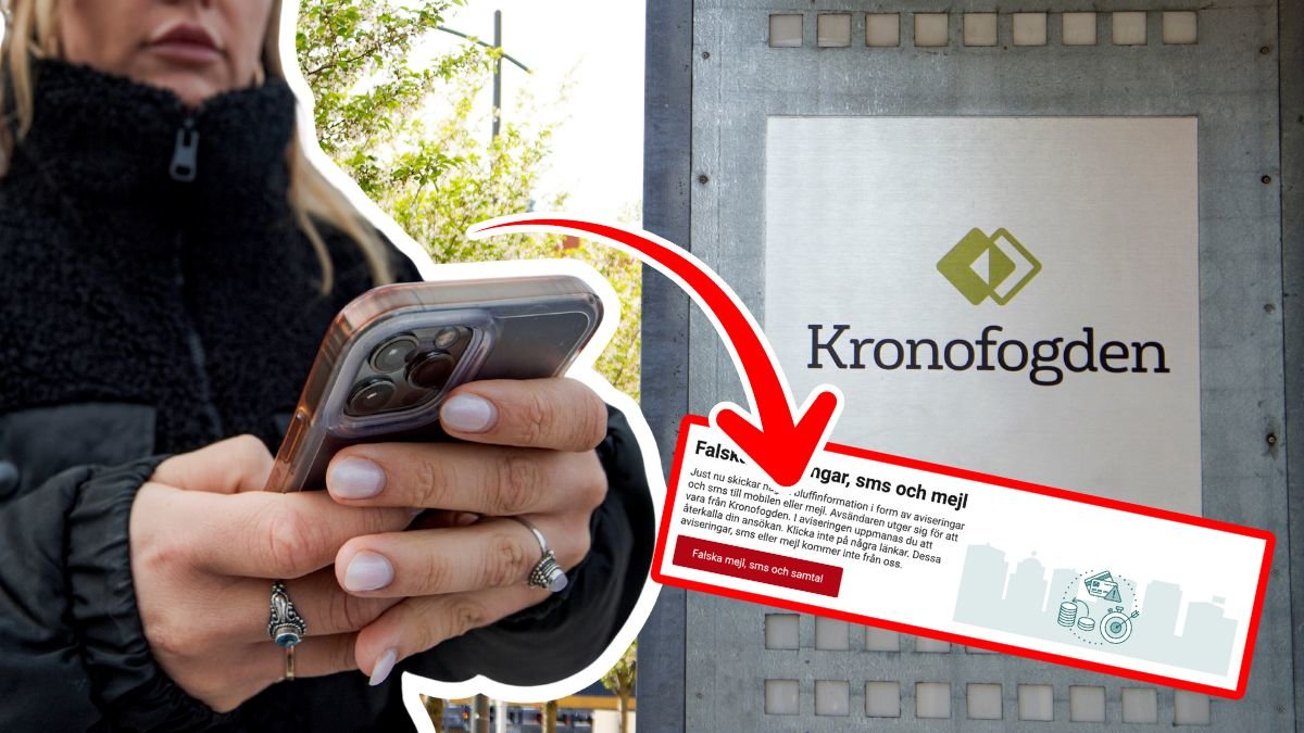 Kvinna med mobiltelefon och Kronofogdens skylt. 