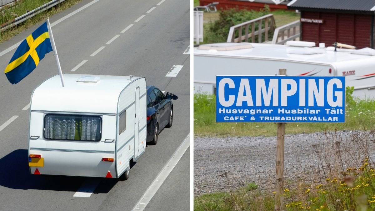 Husvagn som kör på bilväg och en campingskylt.
