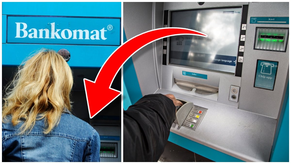 Kvinna som står vid en bankomat och en hand som slår in en pin-kod på en bankomat