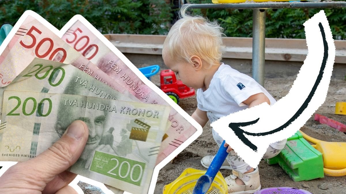 Svenska sedlar och ett litet barn som leker i en sandlåda