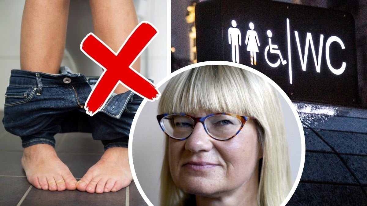 Ben på en person som sitter på toaletten, Marie-Louise Danielsson-Tham och en WC-skylt. 