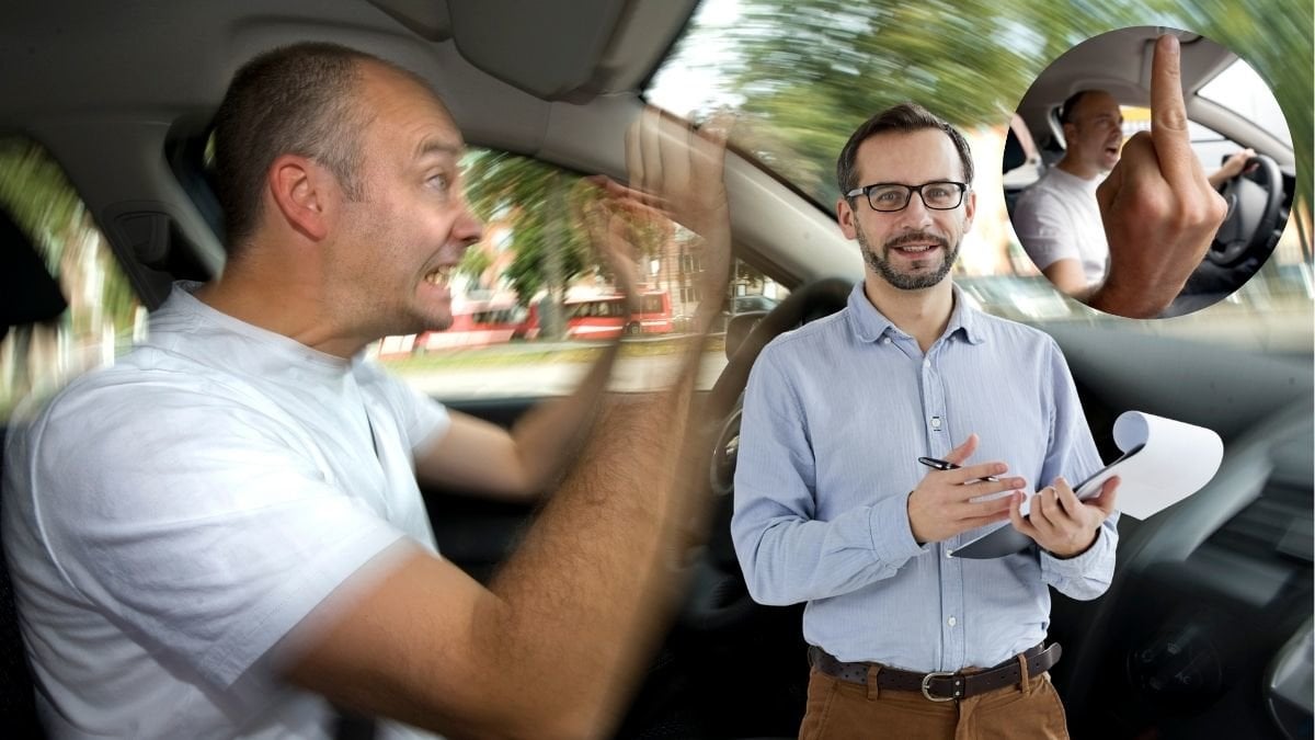 Arg bilförare i trafiken och en psykolog.