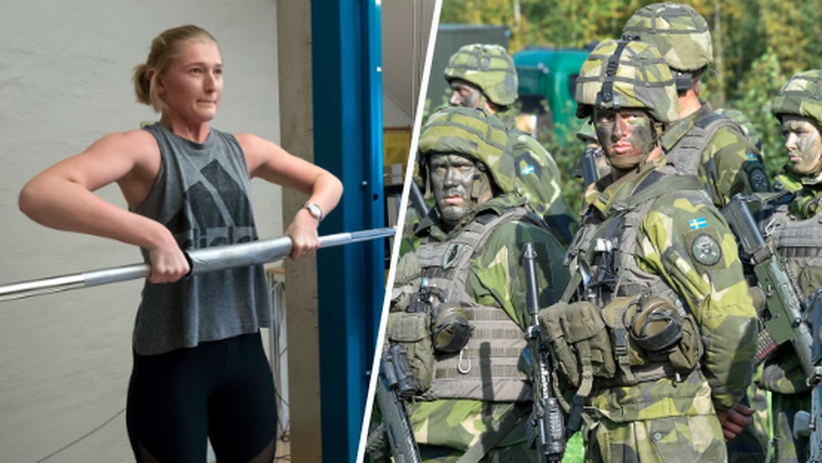 Kvinna gör styrketest under mönstring. Soldater står på led.