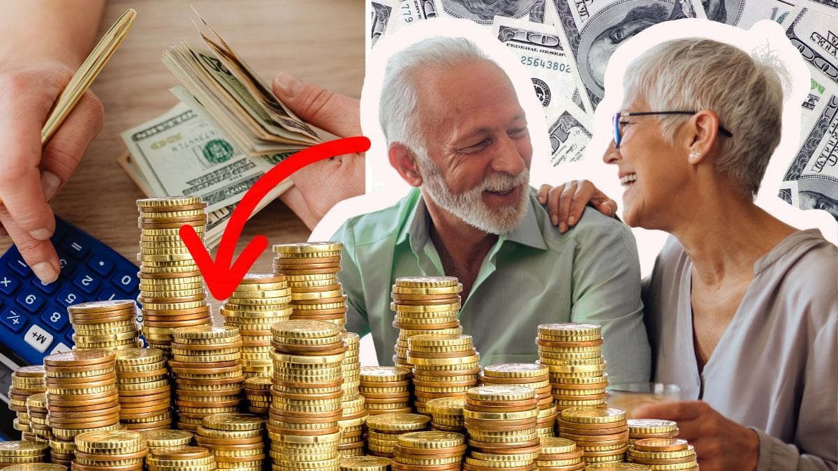 Hand som räknar pengar till vänster. Sedlar i bakgrunden till höger. Utklippt bild på ett leende äldre par till höger. En hög med mynt i botten av bilden. 