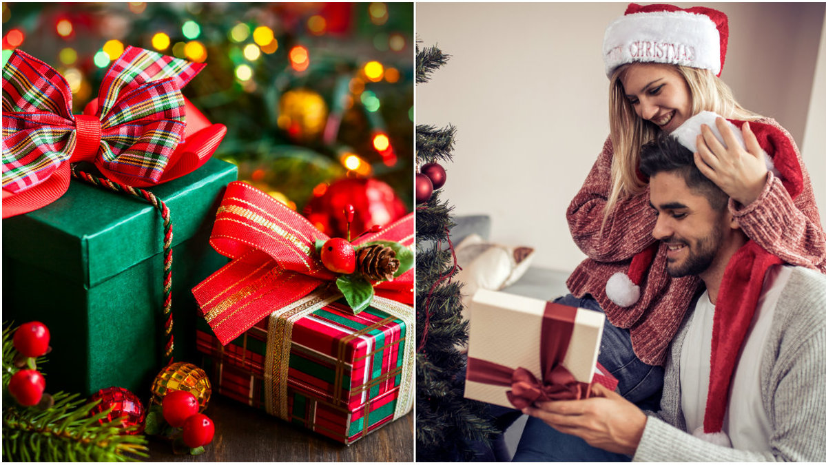Två julklappar. Par som ger varandra julklapp.