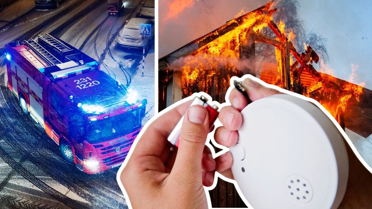 Brandbil med blåljus, brandvarnare och ett hus som brinner