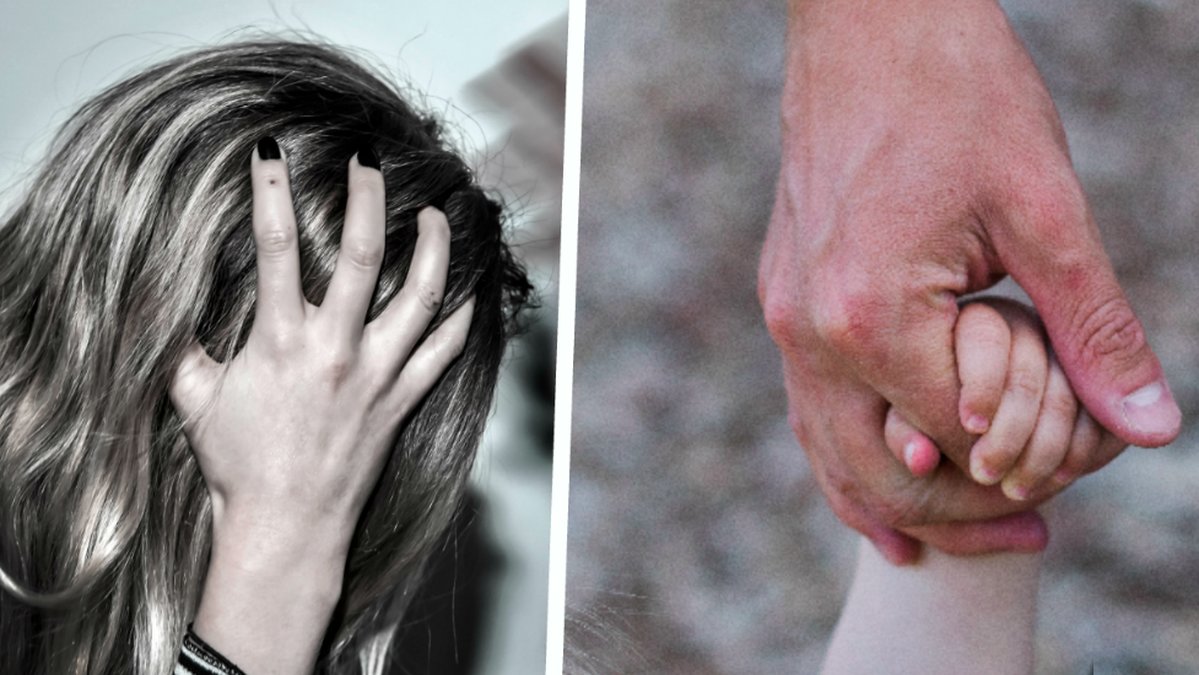 En ung kvinna håller för huvudet. Till höger en barnhand som håller i en vuxenhand. Kollage
