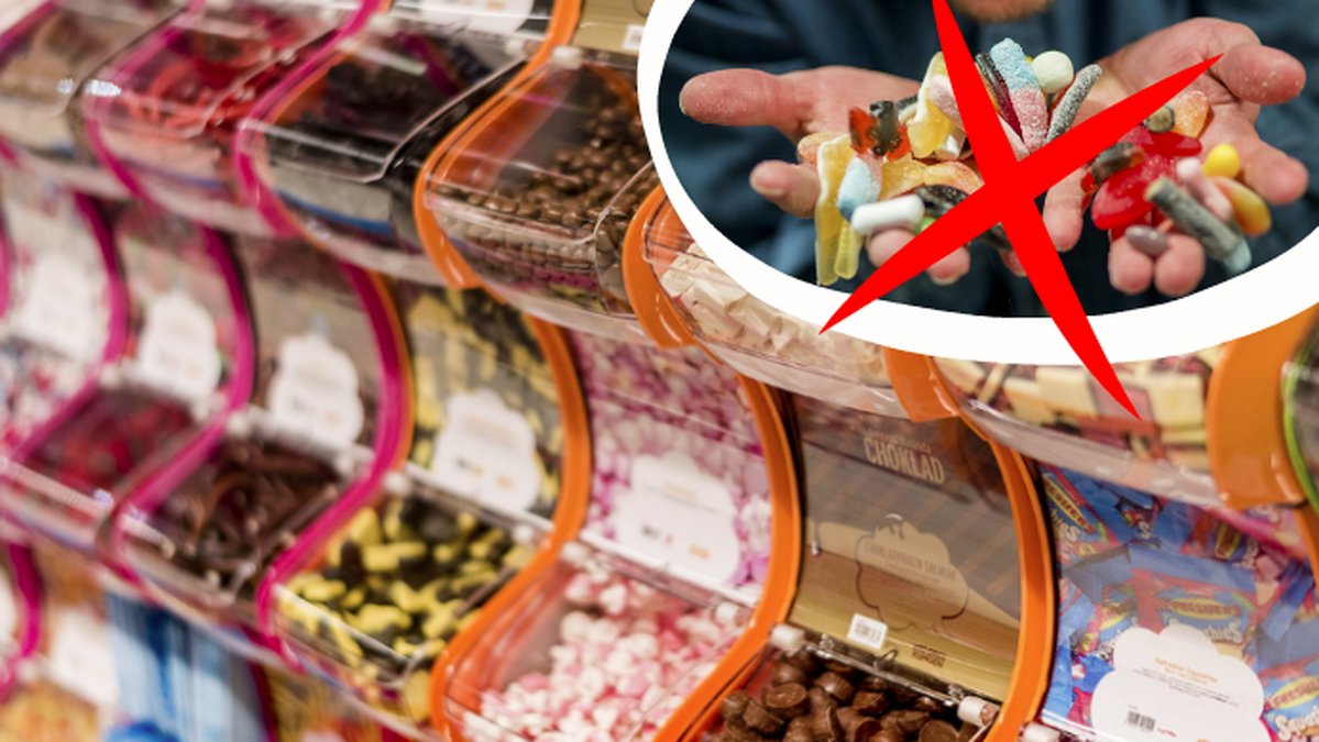 Lösviktsgodis och en hand som håller i godis med ett rött kryss över