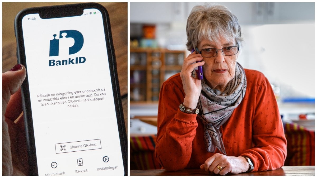 BankiD-appen i en mobiltelefon och en äldre kvinna som pratar i telefon.