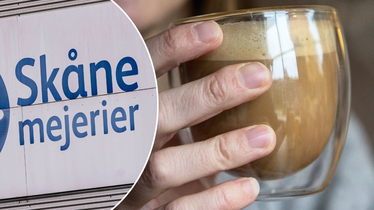 Bilder på kaffe med mjölk och Skånemejeriers skylt.