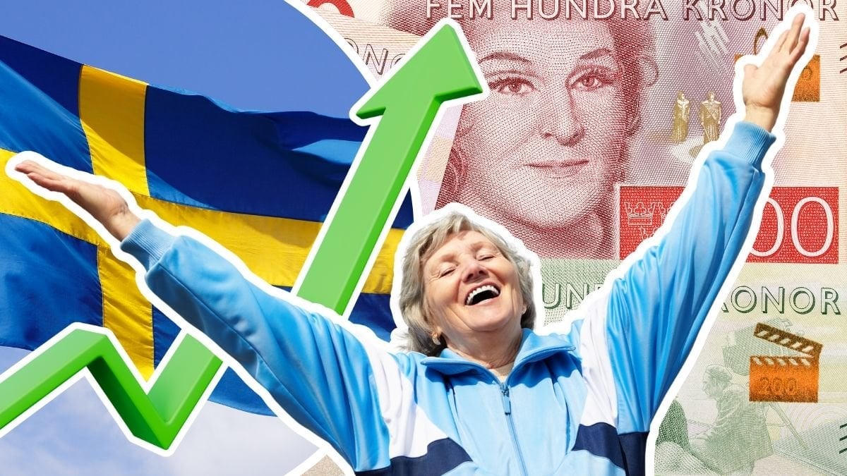 Sverige-flagga, svenska sedlar och en äldre dam