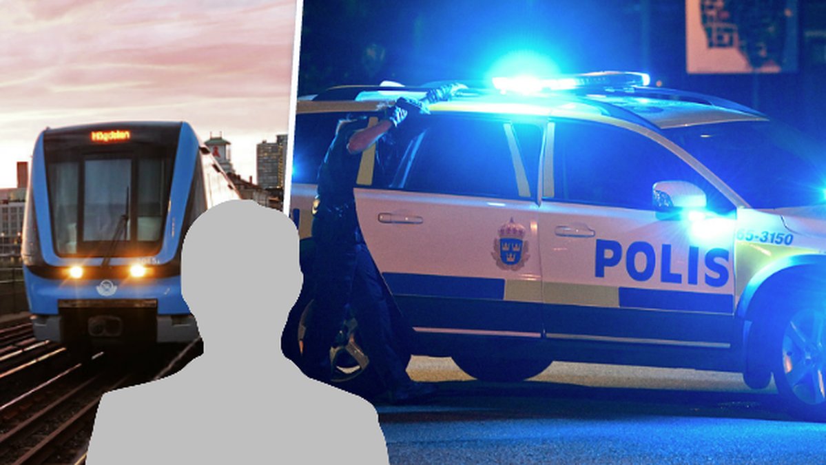 Tunnelbana, anonym man, polisbil med blåljus.