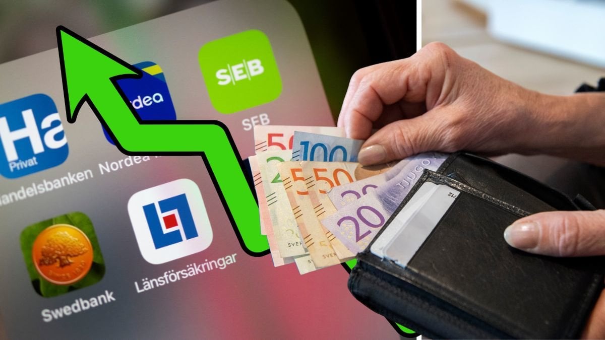 Bankappar, pengar i en plånbok och en grön uppåtgående graf.