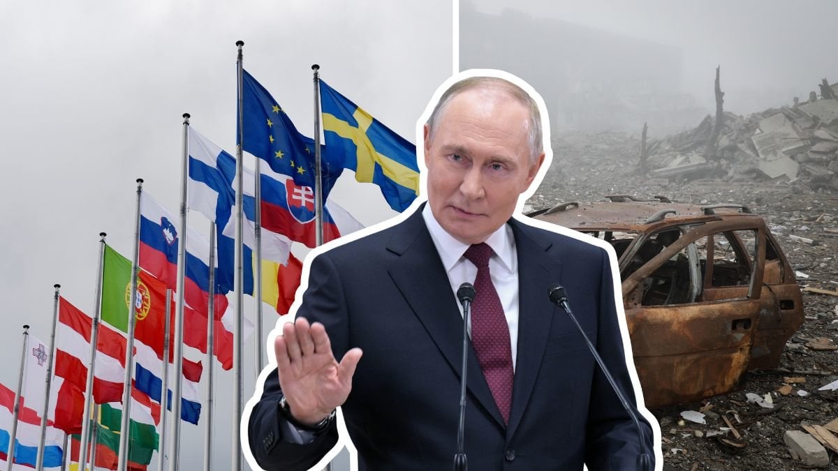 Flaggor från EU, Putin, krigsbild i Ukraina.