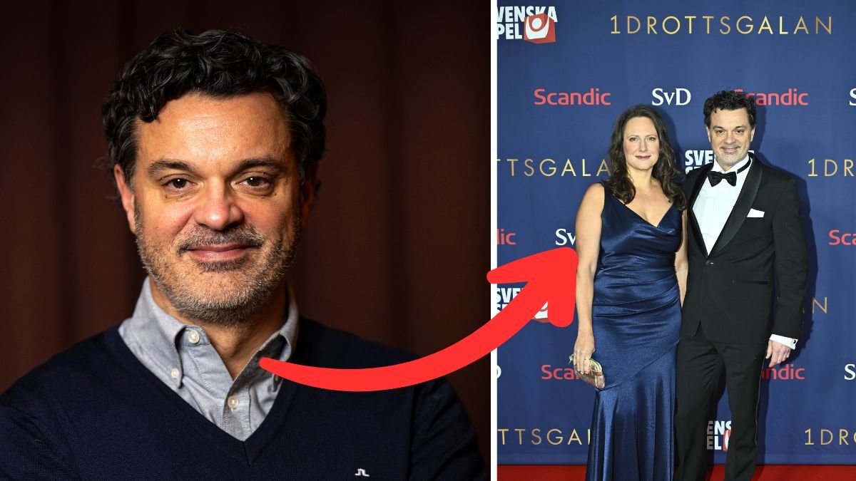 Närbild Tommy Åström vänster. Bild på Tommy Åström och Sara Stålbrandt på röda mattan höger. En röd pil pekar på paret från närbilden.