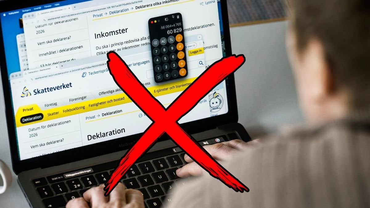 Deklaration via datorn och ett rött kryss.