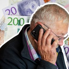 Pengar, man som pratar i telefon och en varningstriangel.