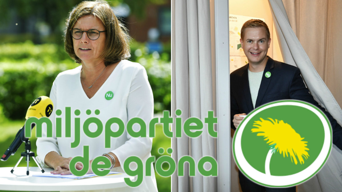Isabella Lövin och Gustav Fridolin. Miljöpartiets logga.