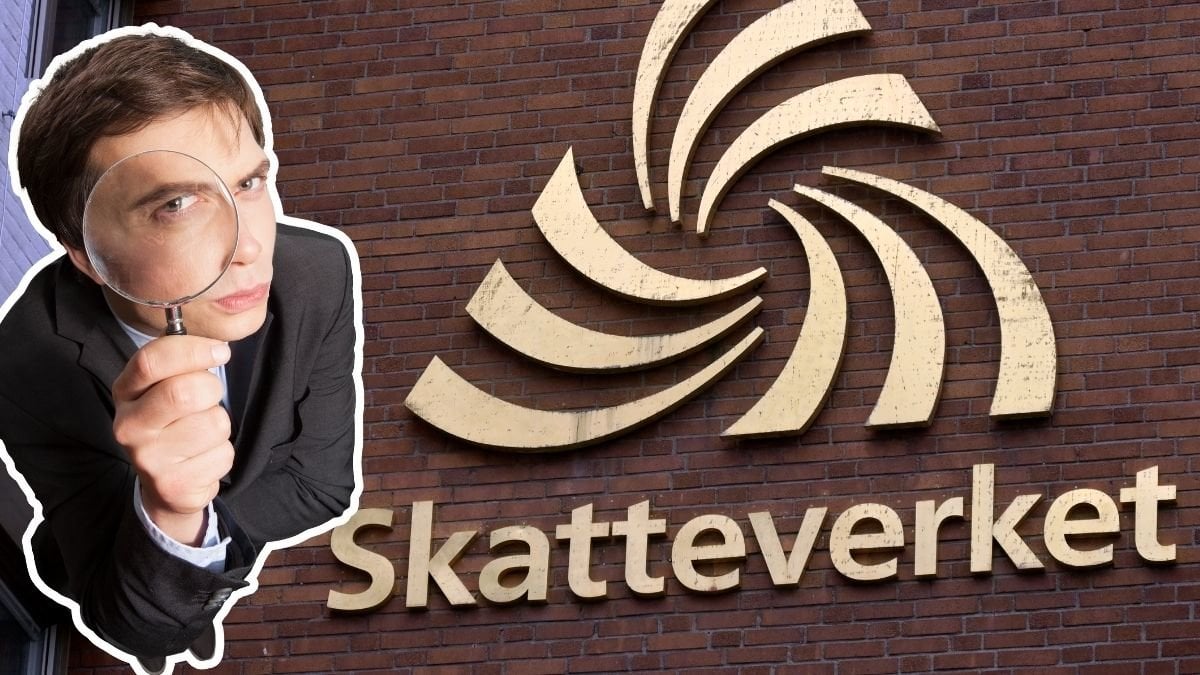 Man med ett förstoringsglas samt Skatteverkets huvudkontor.
