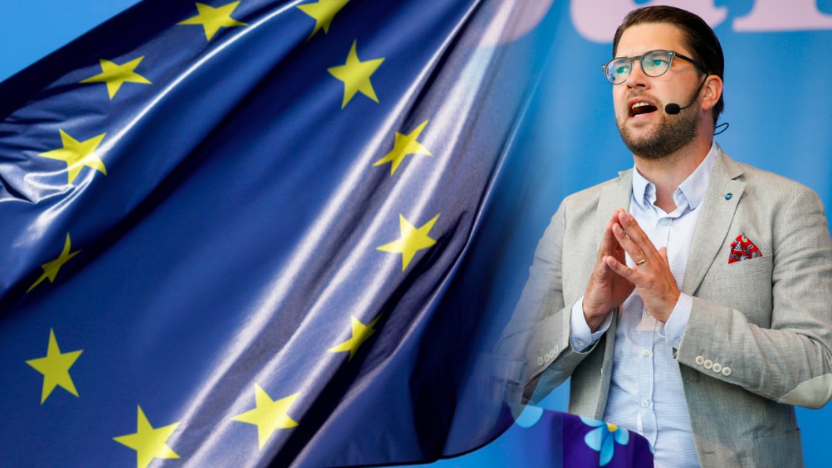 Jimmie Åkesson och en EU-flagga