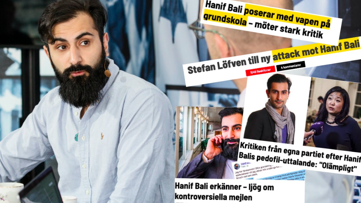Hanif Bali och flera rubriker från hans skandaler. Montage. 